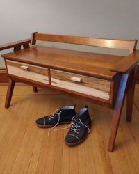 Custom built entryway bench. <br><br>Solid cherry frame, wormy maple drawer fronts, and birch plywood drawer boxes. <br>Gel stain and wipe-on urethane finish.