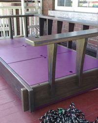 Custom built porch swing/day bed. <br><br>Solid white oak frame, and integrated mattress storage. <br>Wood darkened using an oxidizing process and finished with a low-VOC, brush-on, water-based exterior urethane.