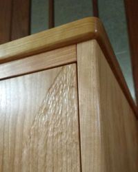 Detail of record cabinet drawer front with carved texture.